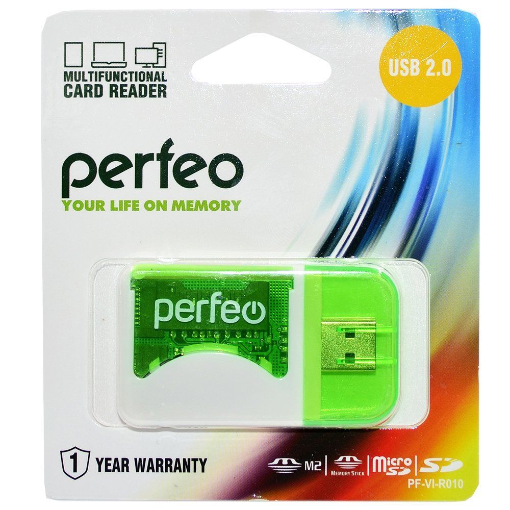 Картридер универсальный PERFEO SD/MMC+Micro SD+MS+M2 (PF-VI-R010) зеленый